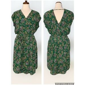 DR2 Green & Blue Paisley Short Sleeve Double V Above Knee Casual Chiffon Dress L